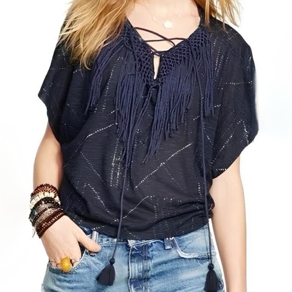 Denim & Supply Ralph Lauren Dark Blue Fringe Blouse Sz S‎